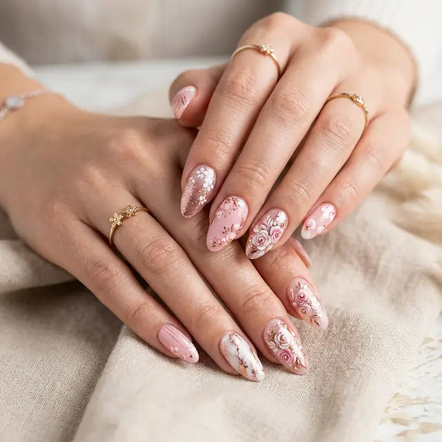 Intricate floral nail art design with pink and rose gold accents